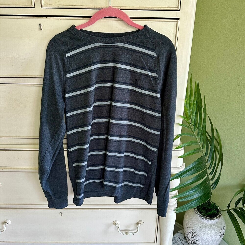 Men's Original Penguin Striped Grey Long Sleeve Shirt Cotton Blend Sz Med